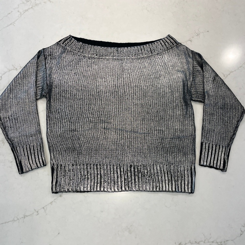 Superdown Marla Silver Metallic Off Shoulder Sweater Womens Medium Ribbed